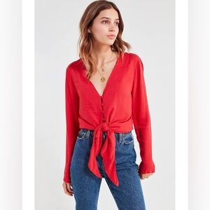 Silence + Noise Vibrant Red Button-Down Tie-Front Blouse